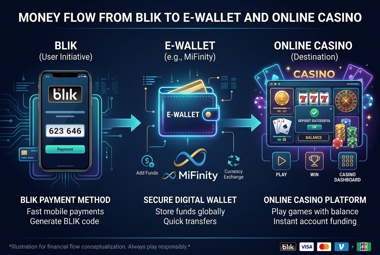 Infografika przedstawiająca schemat depozytu 1 zł przez BLIK i portfel elektroniczny MiFinity do kasyna