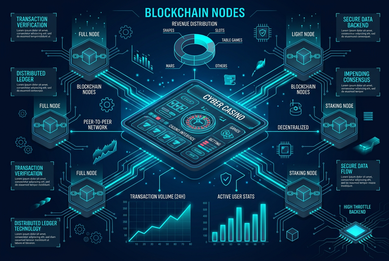 Futurystyczna infografika węzłów blockchain i interfejsu kasyna online