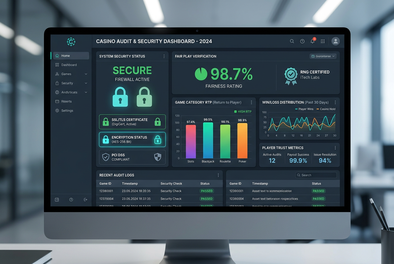Modern analytical dashboard showing online casino security audits and RTP graphs