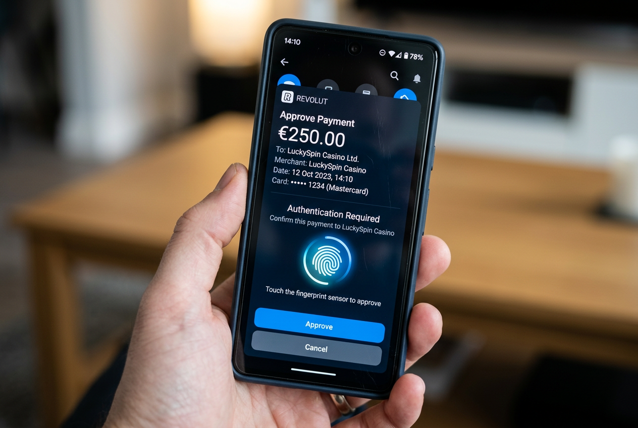 Ekran telefonu z powiadomieniem Revolut o autoryzacji płatności w kasynie