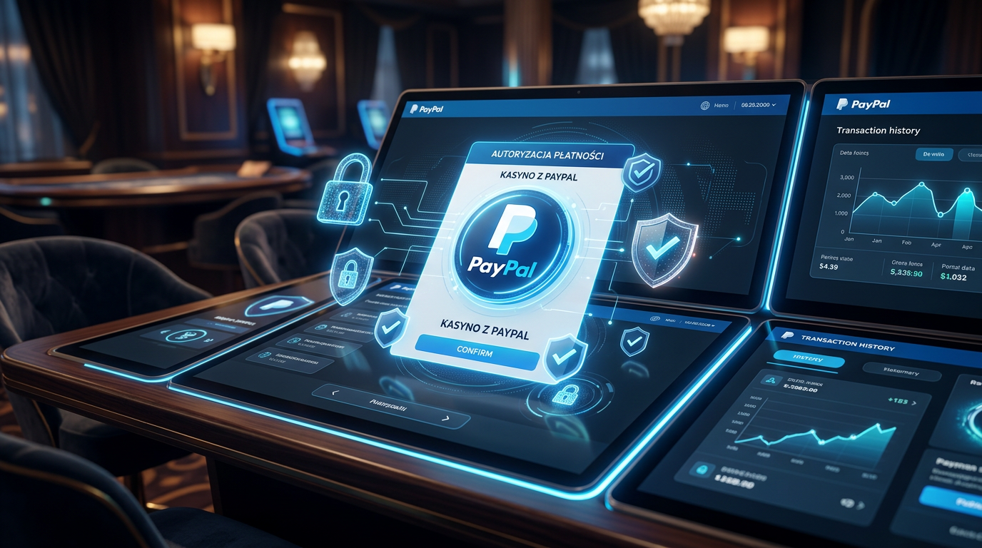 Futurystyczny interfejs kasyna online zintegrowany z systemem PayPal i ikonami bezpieczeństwa