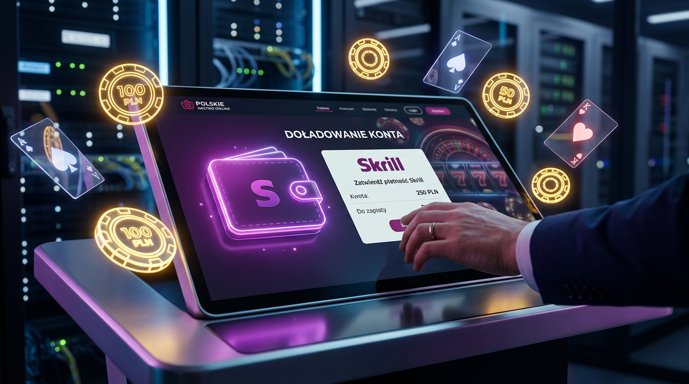 Cyfrowe środowisko kasyna z motywem portfela elektronicznego Skrill i neonowymi akcentami