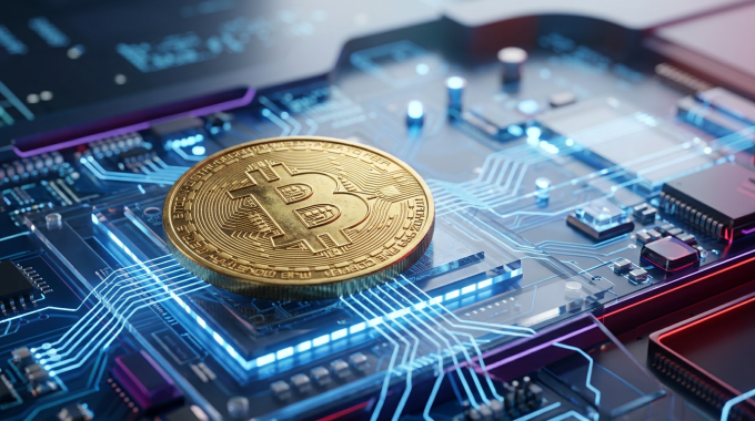 Złoty Bitcoin na cyfrowej płycie głównej, symbol technologii kasyna krypto