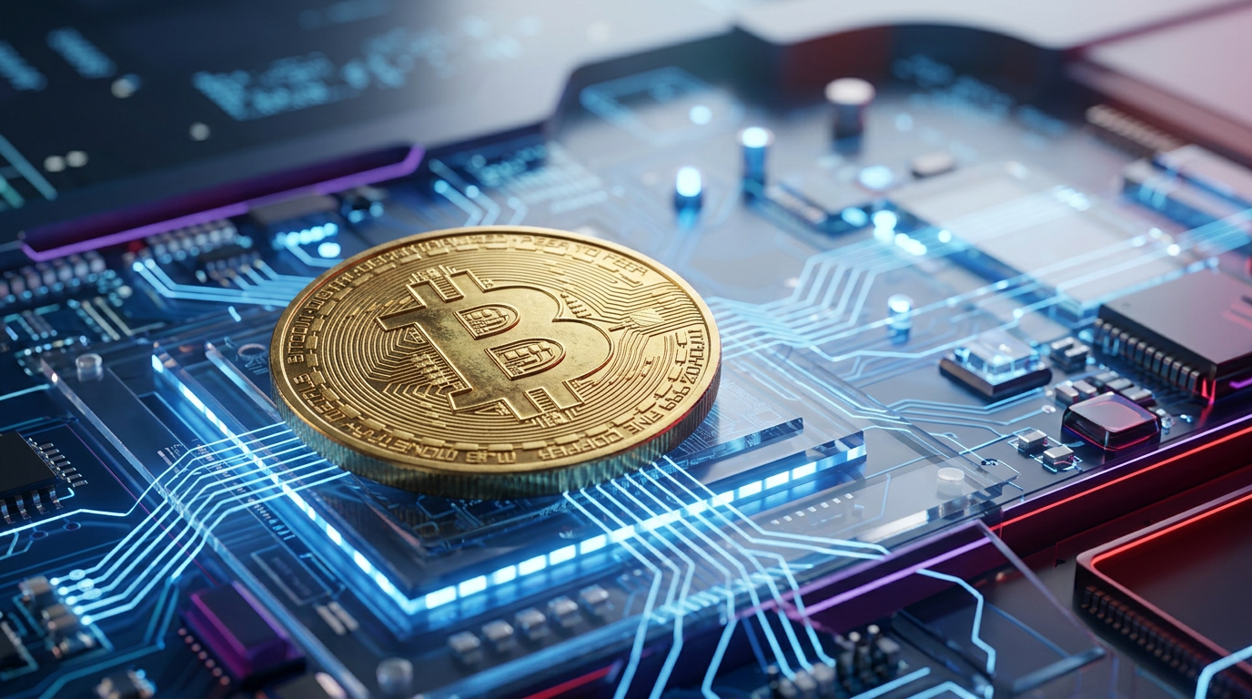 Złoty Bitcoin na cyfrowej płycie głównej, symbol technologii kasyna krypto