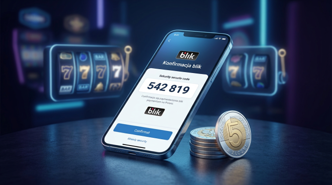 Smartfon z kodem BLIK i monety 5 zł na tle symboli kasynowych