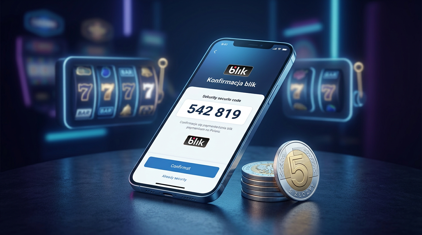 Smartfon z kodem BLIK i monety 5 zł na tle symboli kasynowych