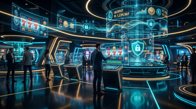 Modern digital casino environment with holographic gaming data