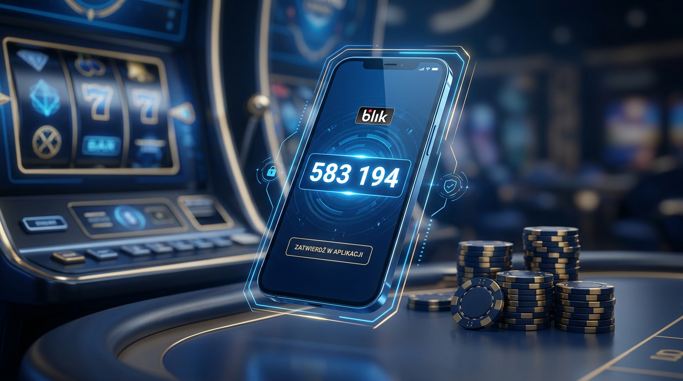 Smartphone z kodem BLIK na tle nowoczesnego kasyna online.