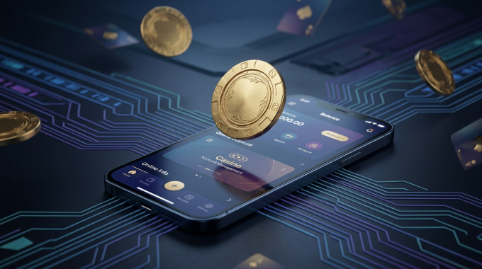 Smartfon z aplikacją Revolut i złotym żetonem kasynowym, symbolizujący nowoczesne płatności w kasynach online