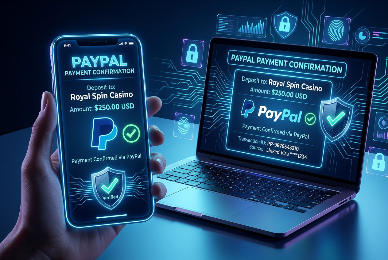 Interfejs płatności PayPal w nowoczesnym kasynie online na smartfonie i laptopie