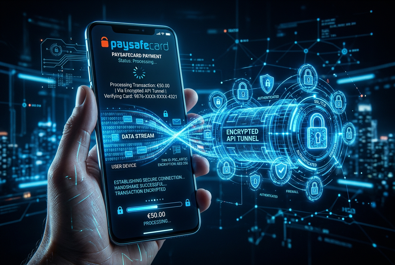 Encrypted API transaction visualization for Paysafecard casino deposit with high-tech security interface