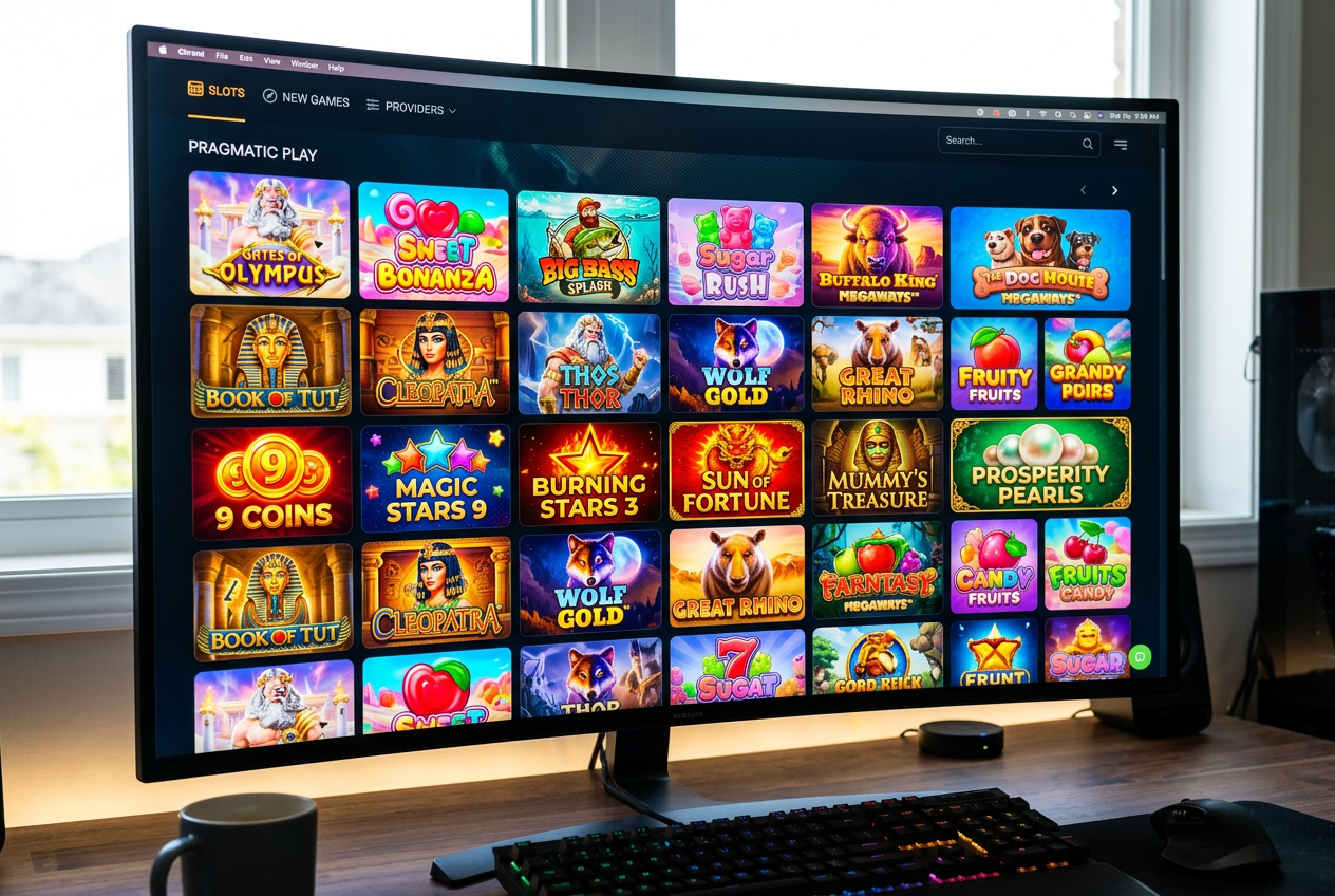 Różnorodne miniatury darmowych automatów od czołowych dostawców takich jak Pragmatic Play i Wazdan wyświetlone na nowoczesnym monitorze.